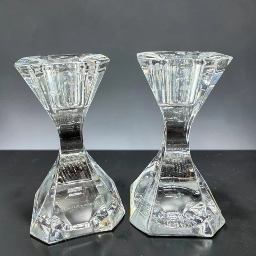 Villeroy & Boch Crystal Glass Candlestick Holders Set of 2 Faceted Geometric 4in